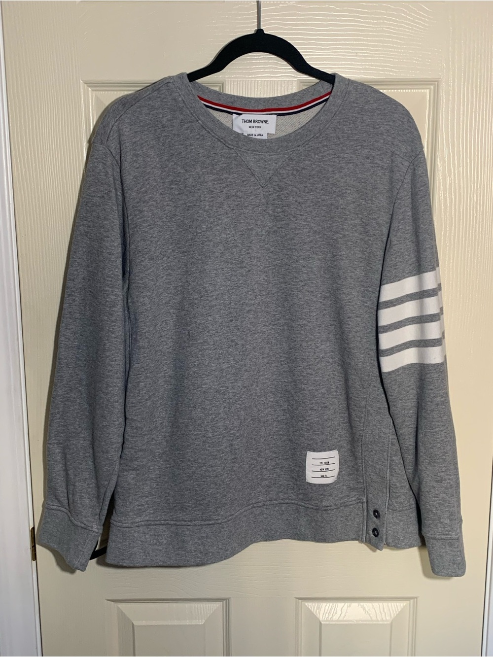 Thom Browne Grey Crewneck Sweatshirt with White Sleeve Stripes